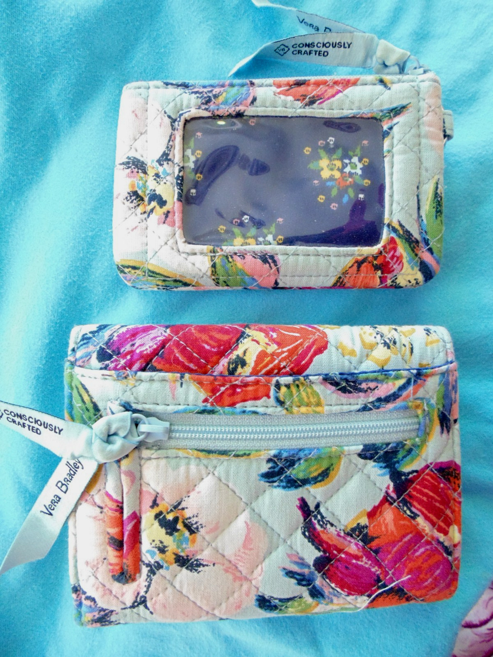 Vera Bradley Cotton Riley Compact Wallet & Keychain ID Coin Purse Set Floral New